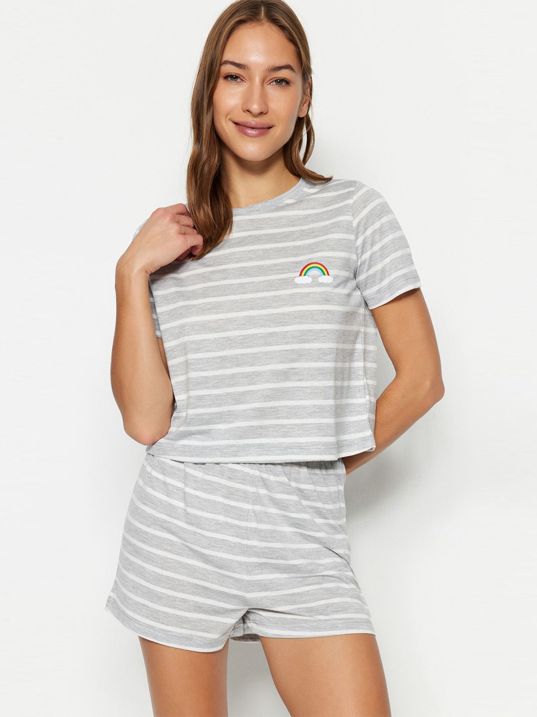 

Trendyol Striped Round Neck Nightsuit, Grey
