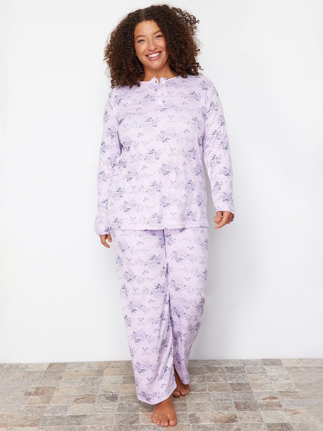 

Trendyol Plus Size Floral Printed Night Suit, Lavender