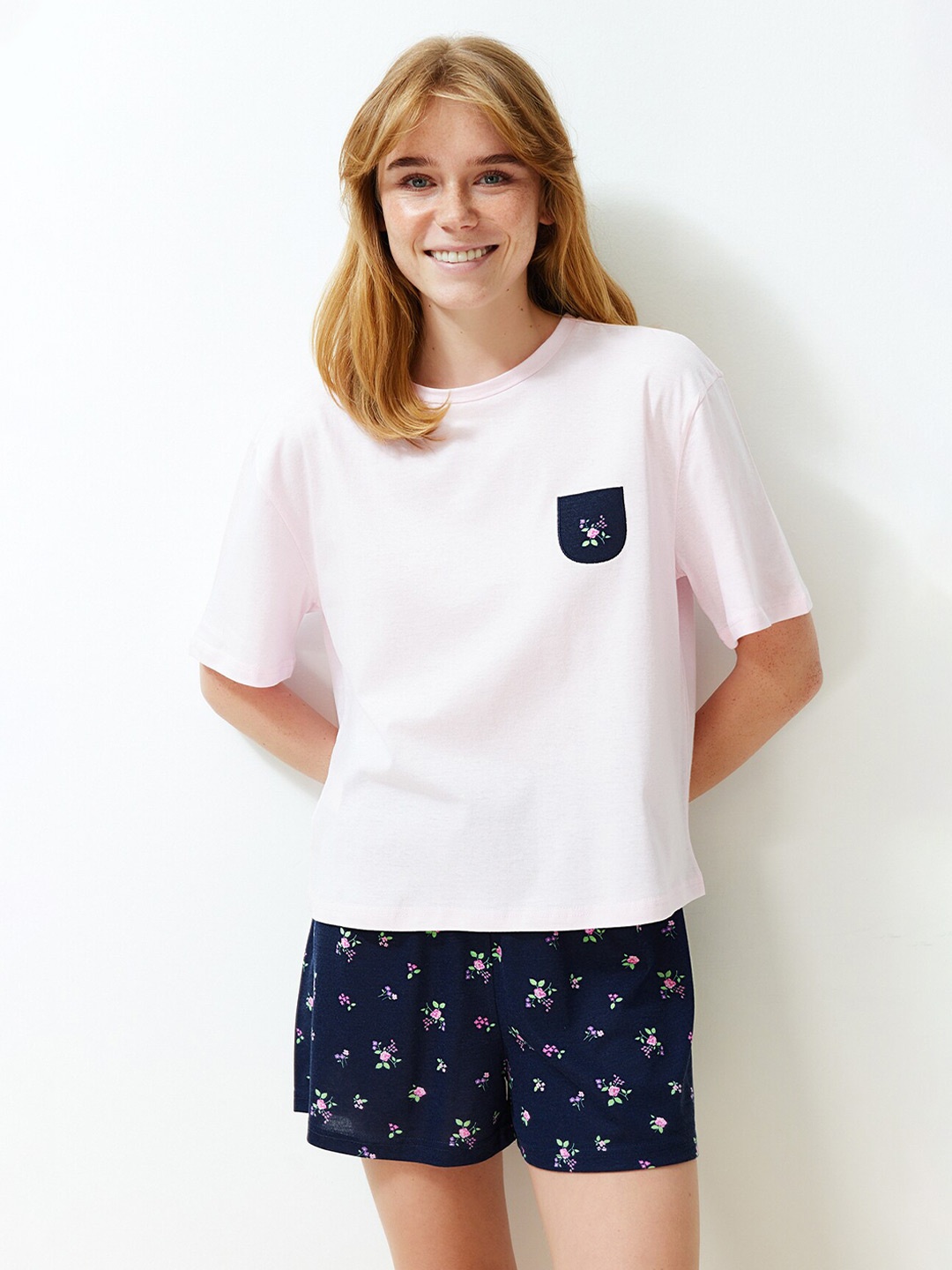 

Trendyol Printed Pure Cotton Night Wear T-Shirt & Shorts Set, Pink
