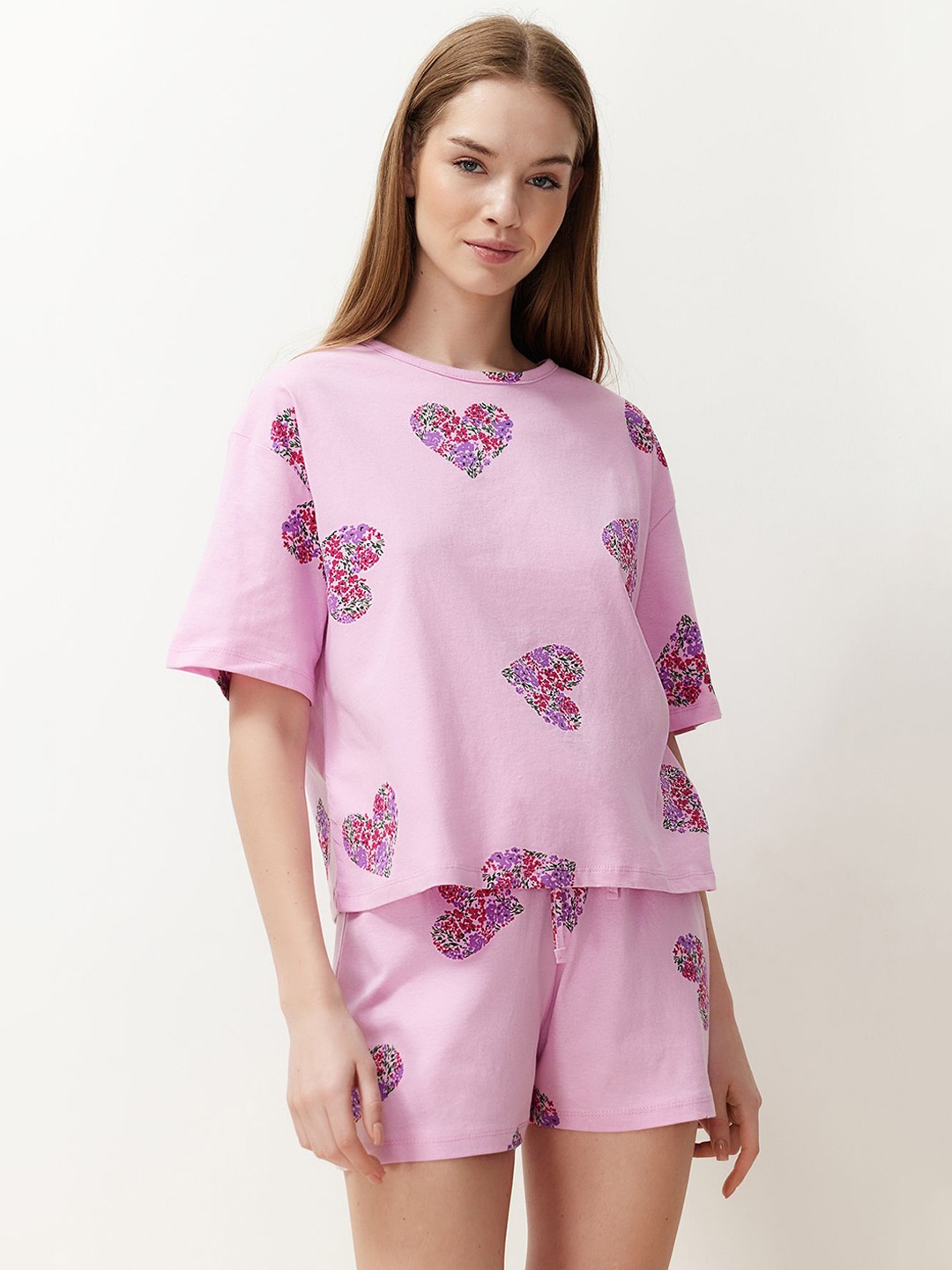 

Trendyol Floral Printed Pure Cotton Night Suit, Pink