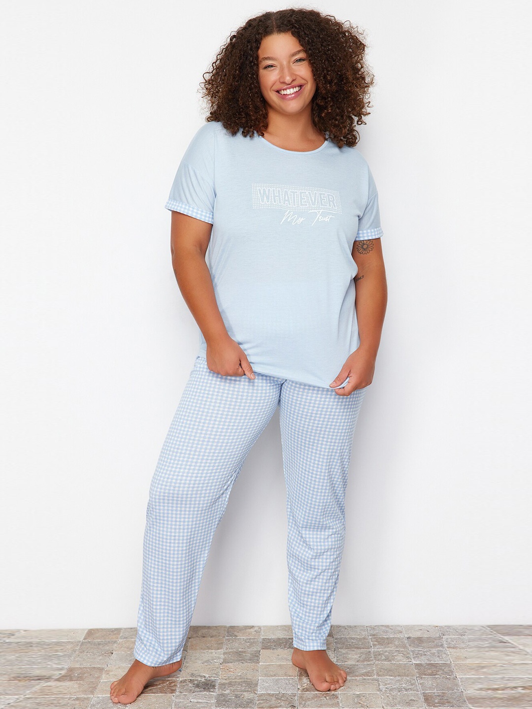 

Trendyol Printed Round-Neck Nightsuit, Blue