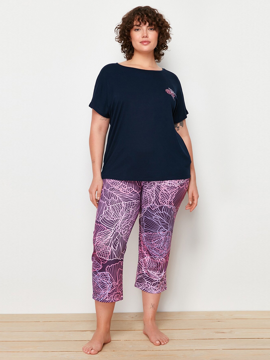 

Trendyol Plus Size Floral Printed Night suit, Blue