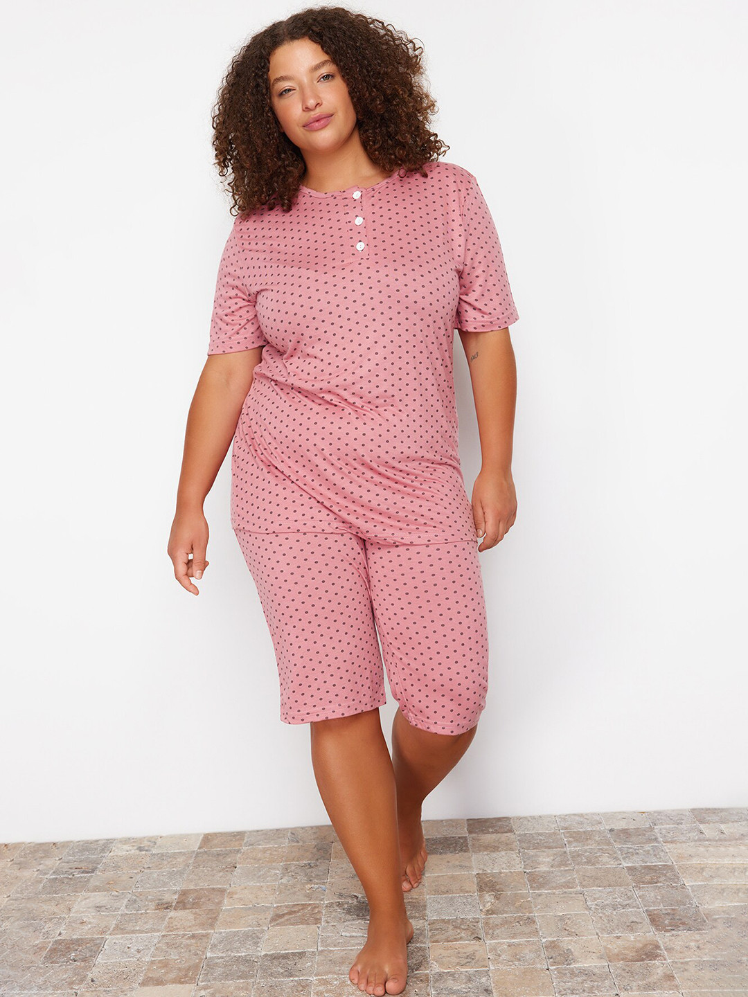 

Trendyol Polka Dot Printed Top With Shorts, Pink