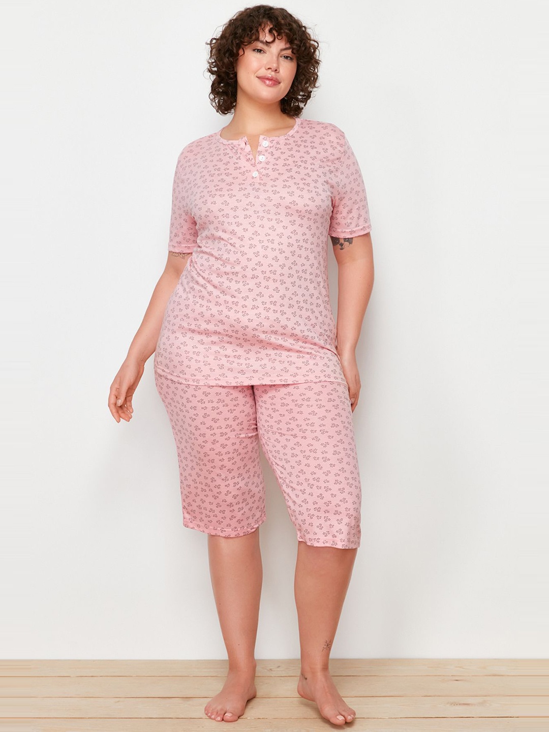 

Trendyol Printed Night Wear T-Shirt & Shorts Set, Pink