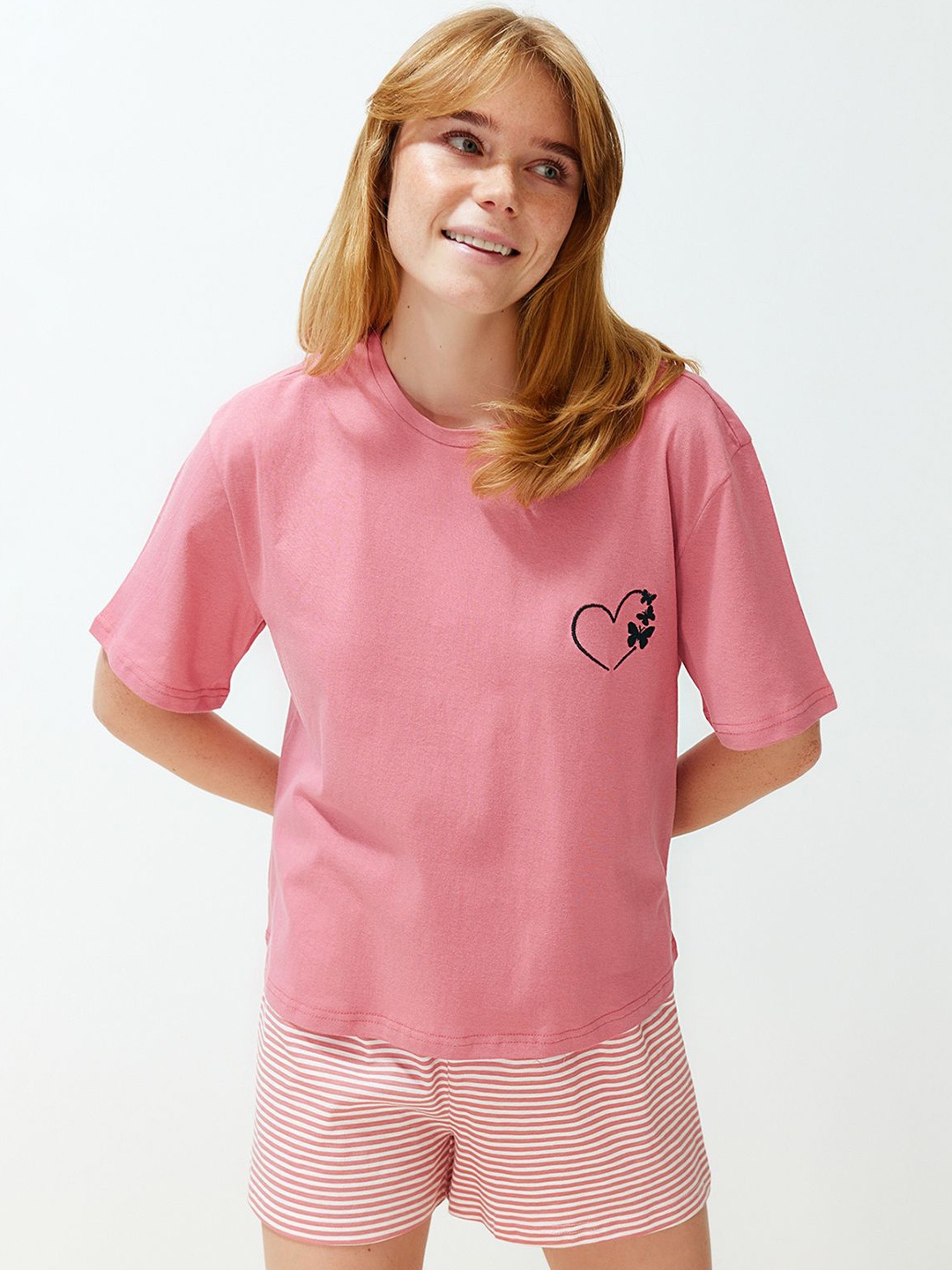 

Trendyol Graphic Printed Round Neck Pure Cotton Nightsuit, Pink