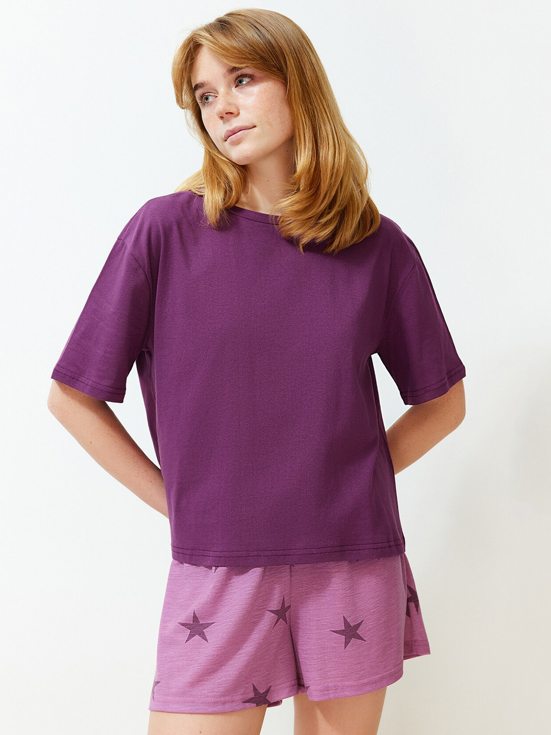 

Trendyol Round Neck Pure Cotton Nightsuit, Purple