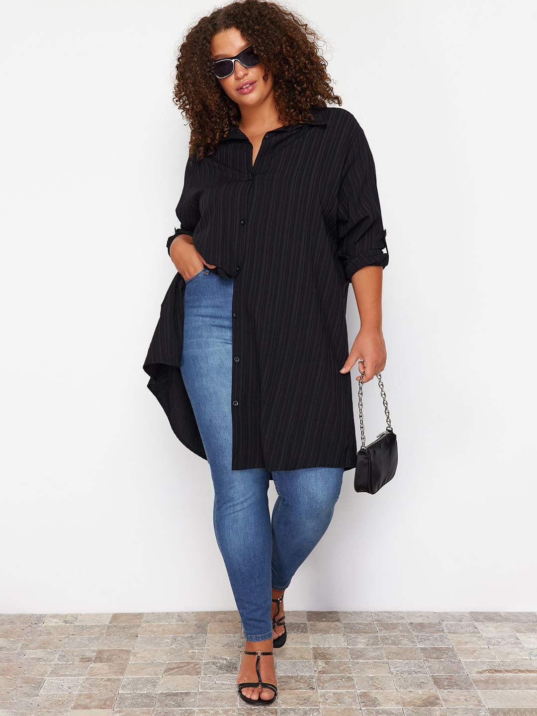 

Trendyol Pure Cotton Roll Up Sleeves Tunic, Black