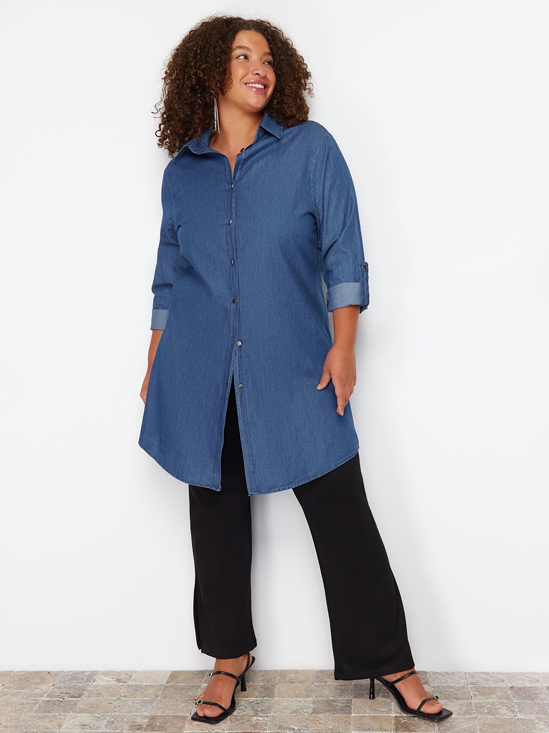 

Trendyol Roll Up Sleeves Shirt Collar Tunic, Blue