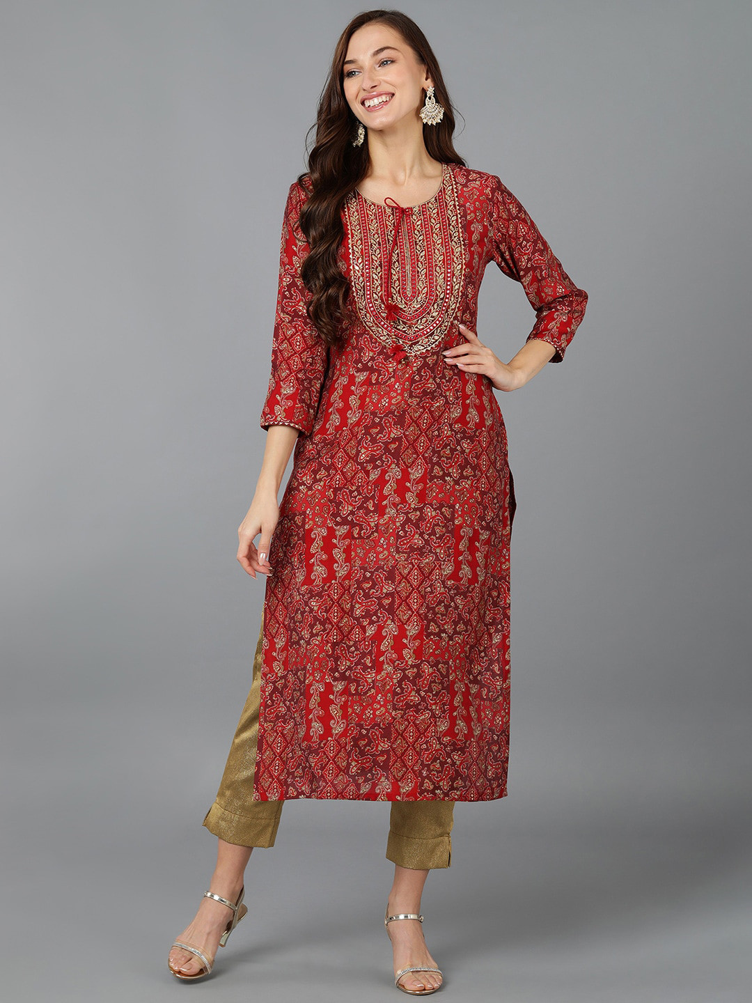 

Anouk Women Ethnic Motifs Printed Flared Sleeves Sequinned Kurta, Red