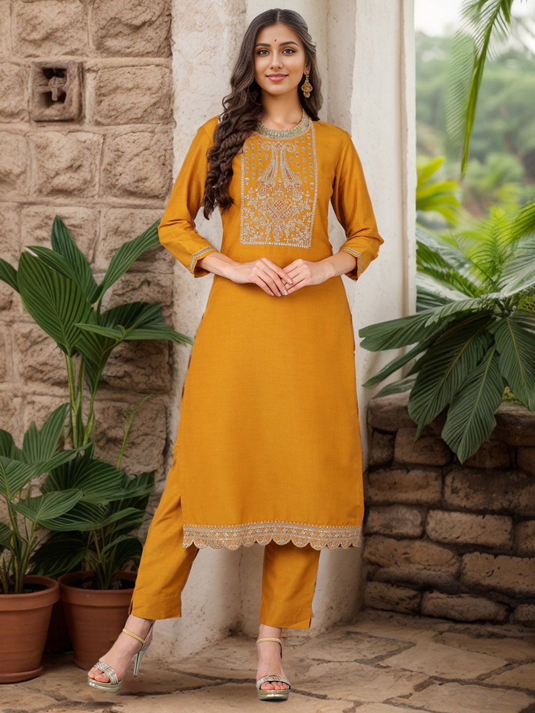 

Anouk Women Ethnic Motifs Yoke Design Thread Work Kurta, Mustard
