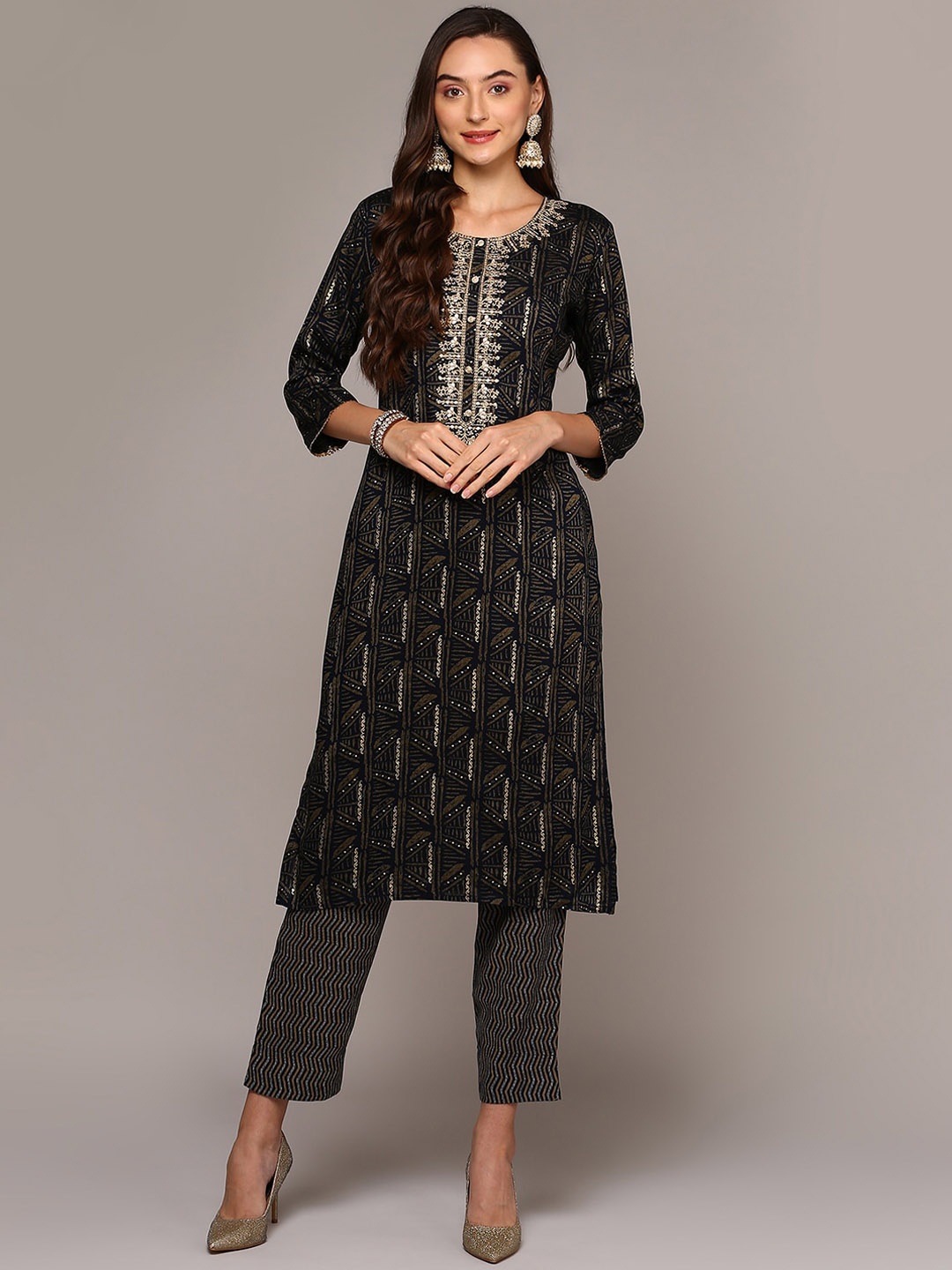 

Anouk Geometric Woven Design Thread Work Straight Kurta, Blue