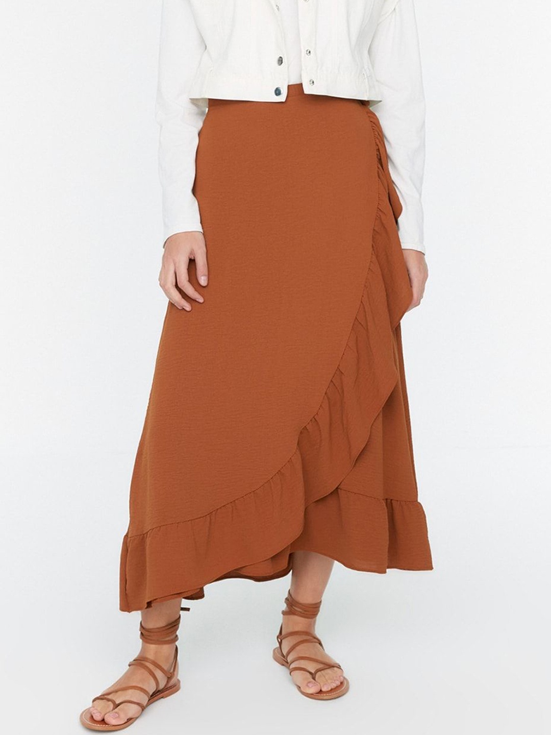 

Trendyol Wrap Around Ruffled Wrap Midi Skirt, Brown
