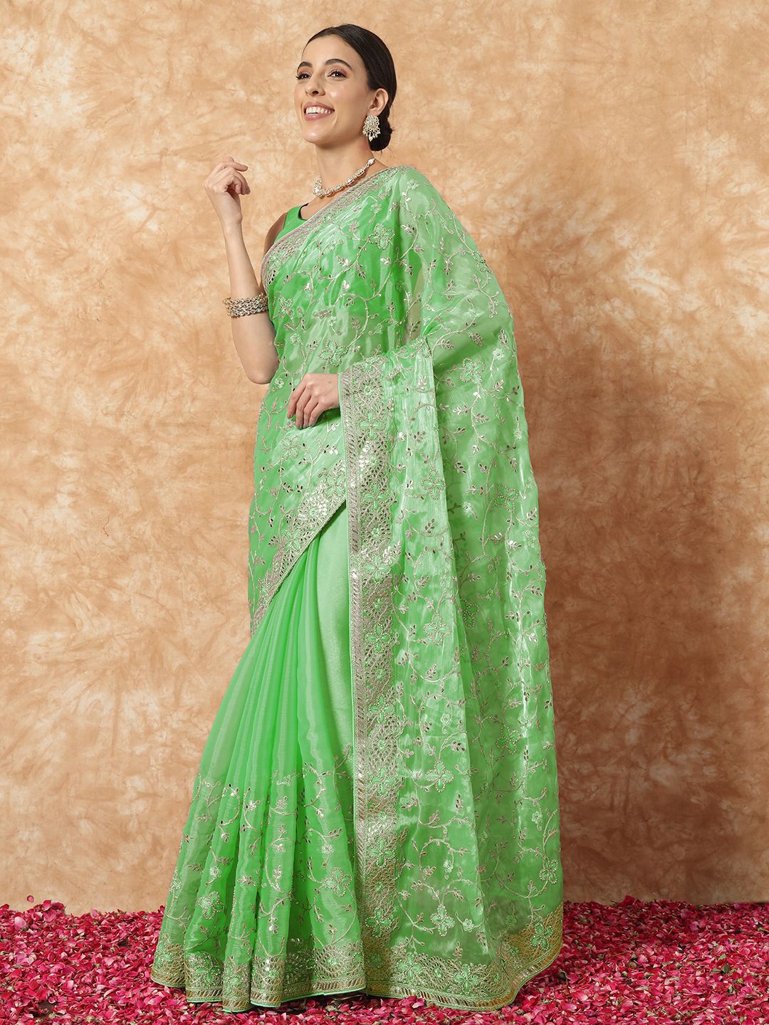 

Chhabra 555 Gota Patti Embroidered Tissue Saree With Crystal Embellishments, Lime green