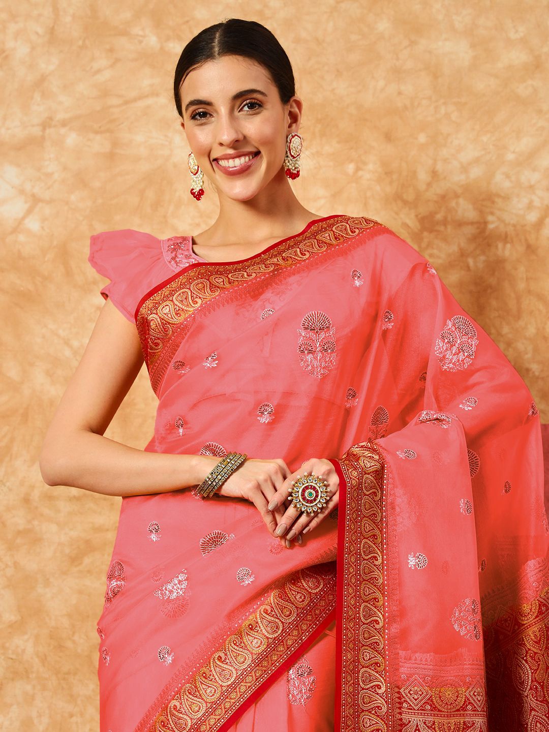 

Chhabra 555 Aari Embroidered Tussar Tissue Saree with Traditional Jamdani Border, Pink