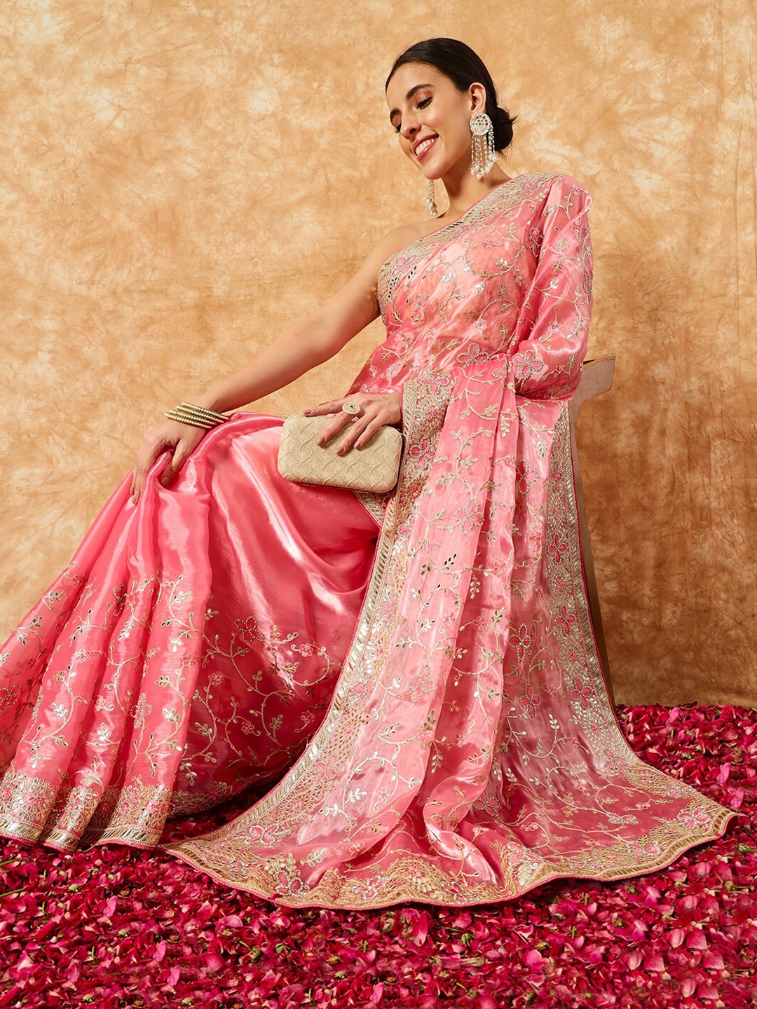 

Chhabra 555 Gota Patti Embroidered Party wear Tissue Saree With Crystal Embellishments, Pink