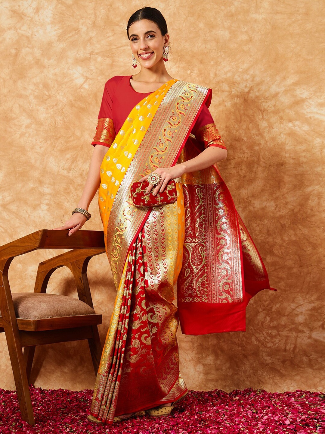 

Chhabra 555 Half-and-Half Patli Banarasi Silk Saree with Paisley Meenakari Ethnic Border, Yellow