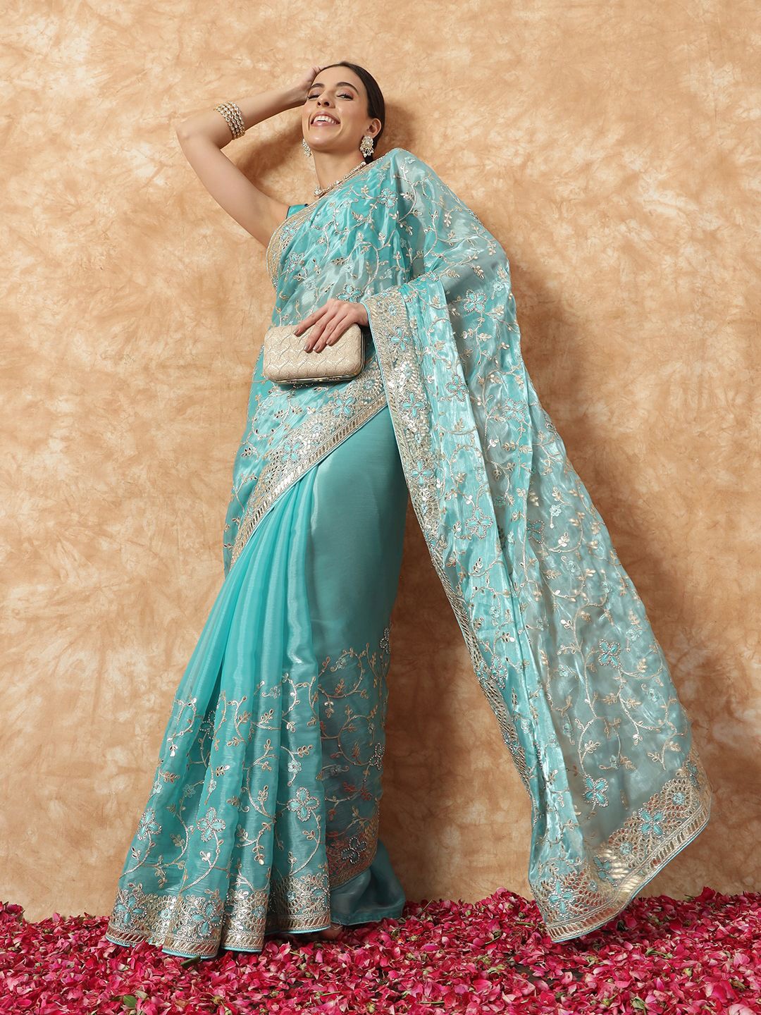 

Chhabra 555 Gota Patti Embroidered Party wear Tissue Saree With Crystal Embellishments, Blue