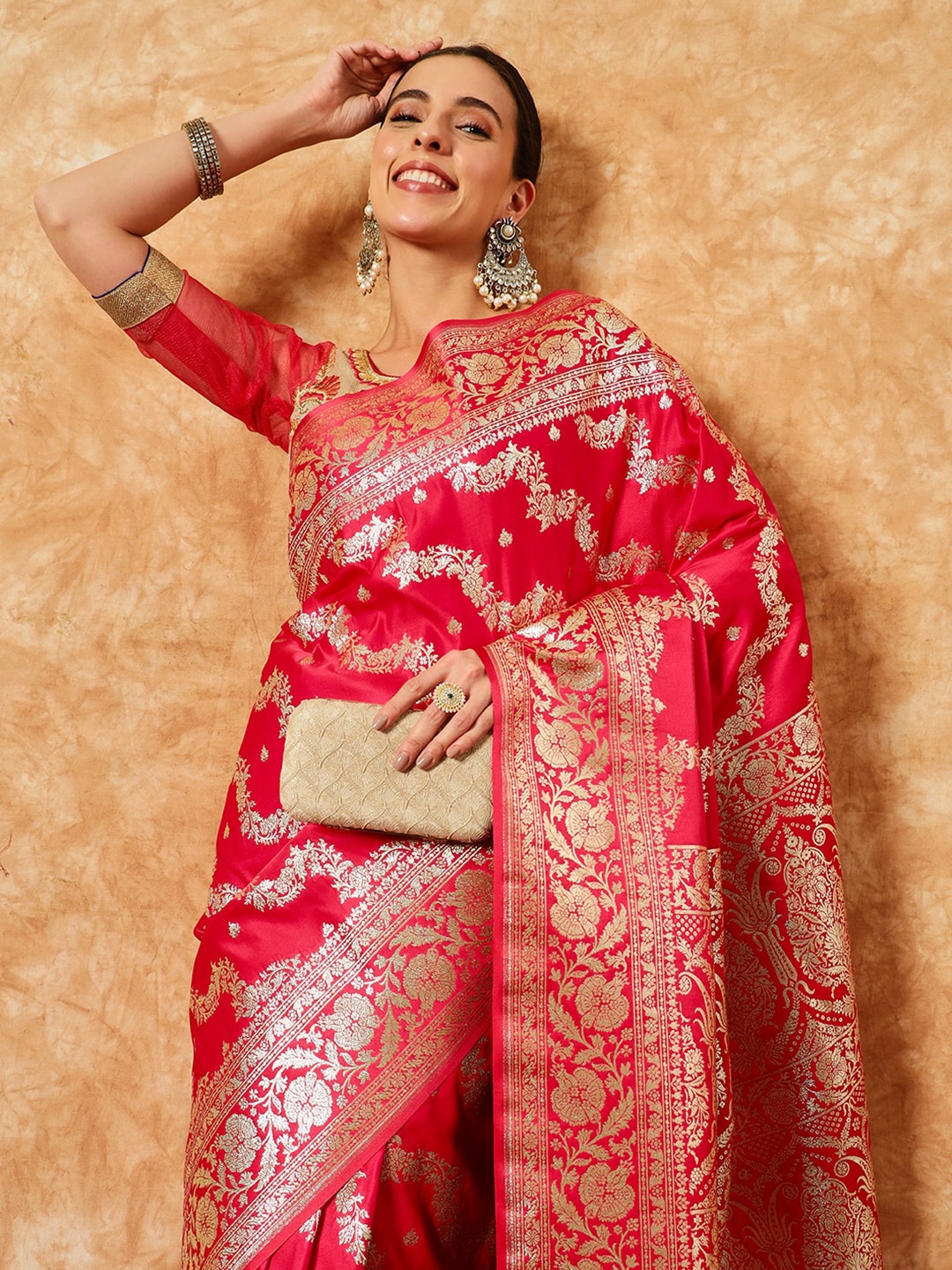 

Chhabra 555 Banarasi Silk Saree with Geometrical Zari Weaving, Coral