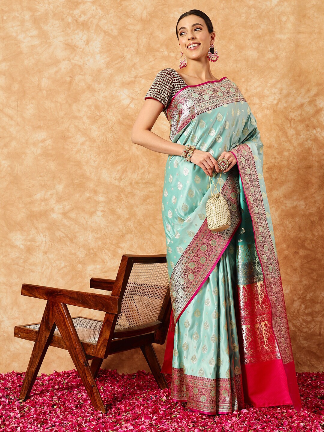 

Chhabra 555 Banarasi Kattan Silk Saree with Contrast Meenakari Floral Border, Sea green