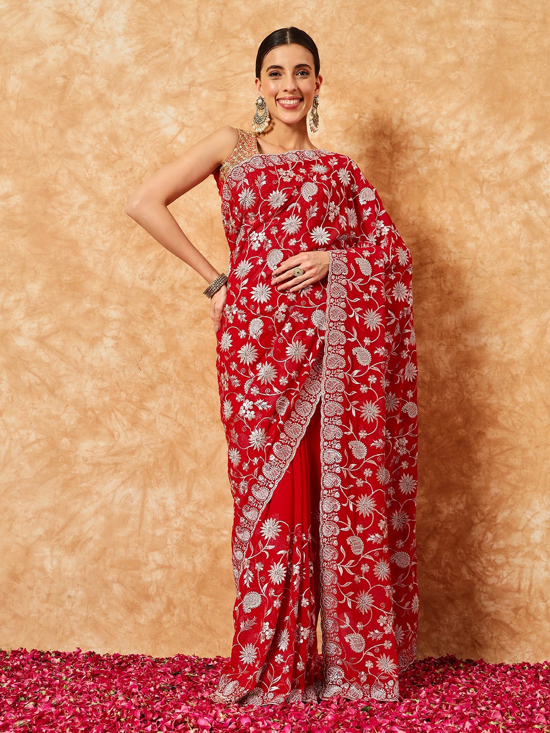

Chhabra 555 Women Paisley Embroidered Sarees, Red