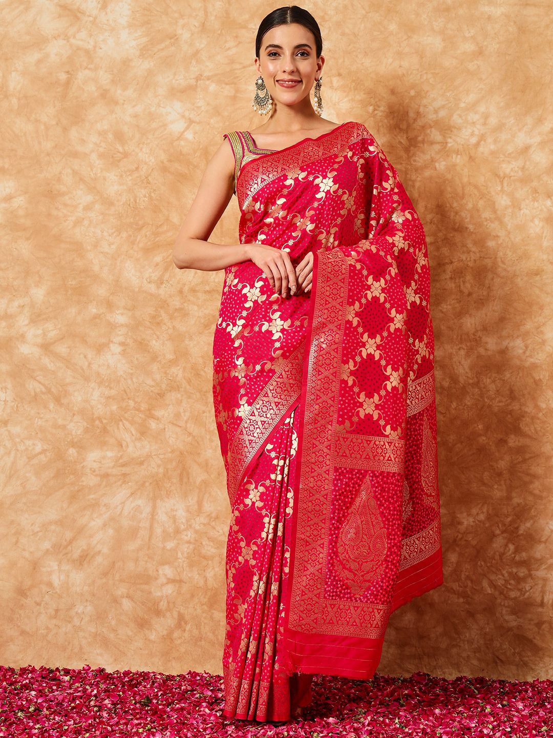 

Chhabra 555 Bandhani Woven Design Pure Silk Sarees, Fuchsia