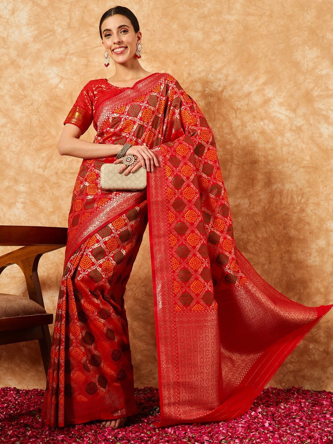 

Chhabra 555 Banarasi Silk Gharchola Saree with Bandhani Zari Resham Ethnic Weaving, Red