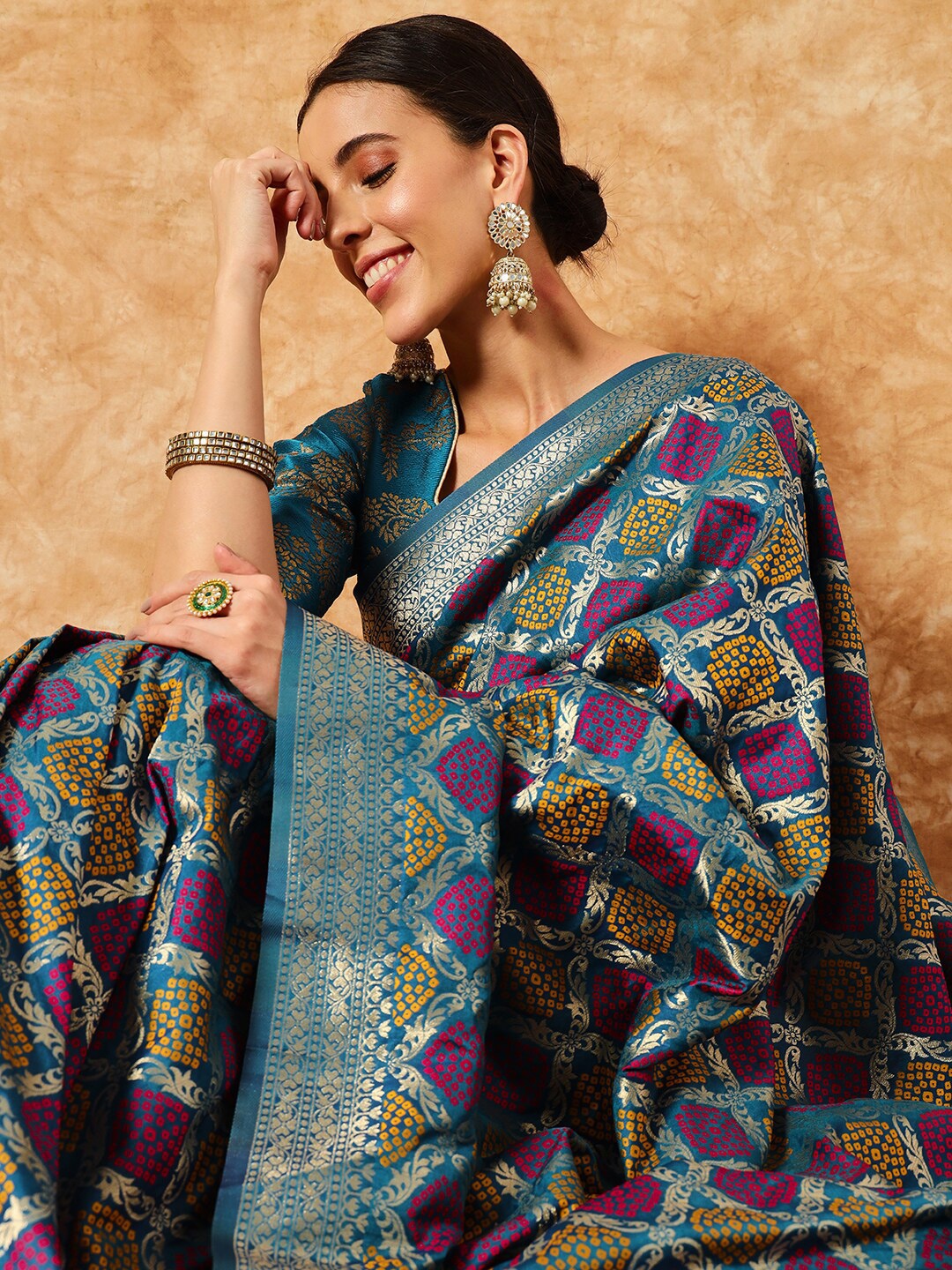 

Chhabra 555 Banarasi Silk Gharchola Saree with Bandhani Zari Resham Ethnic Weaving, Blue