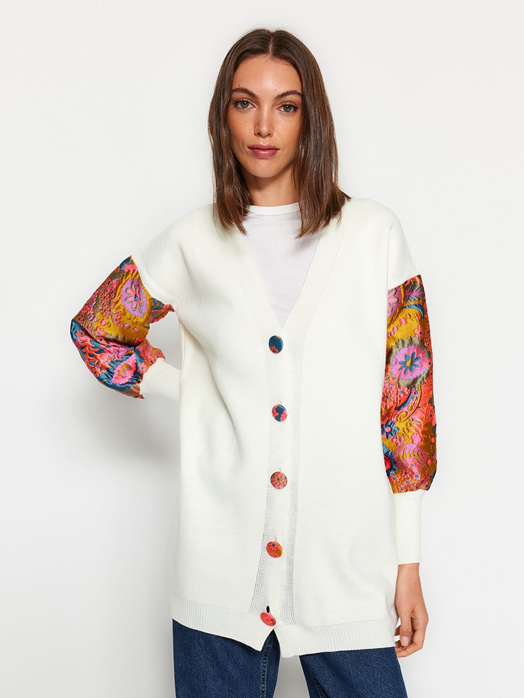 

Trendyol Floral Printed Longline Cardigan Sweater, White