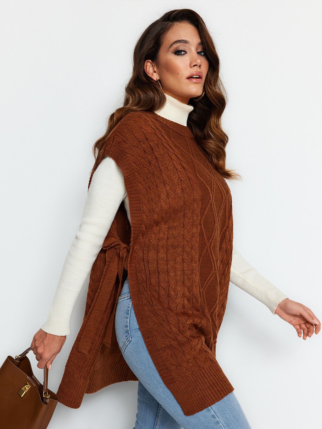 

Trendyol Round Neck Cable Knit Longline Pullover Sweaters, Brown