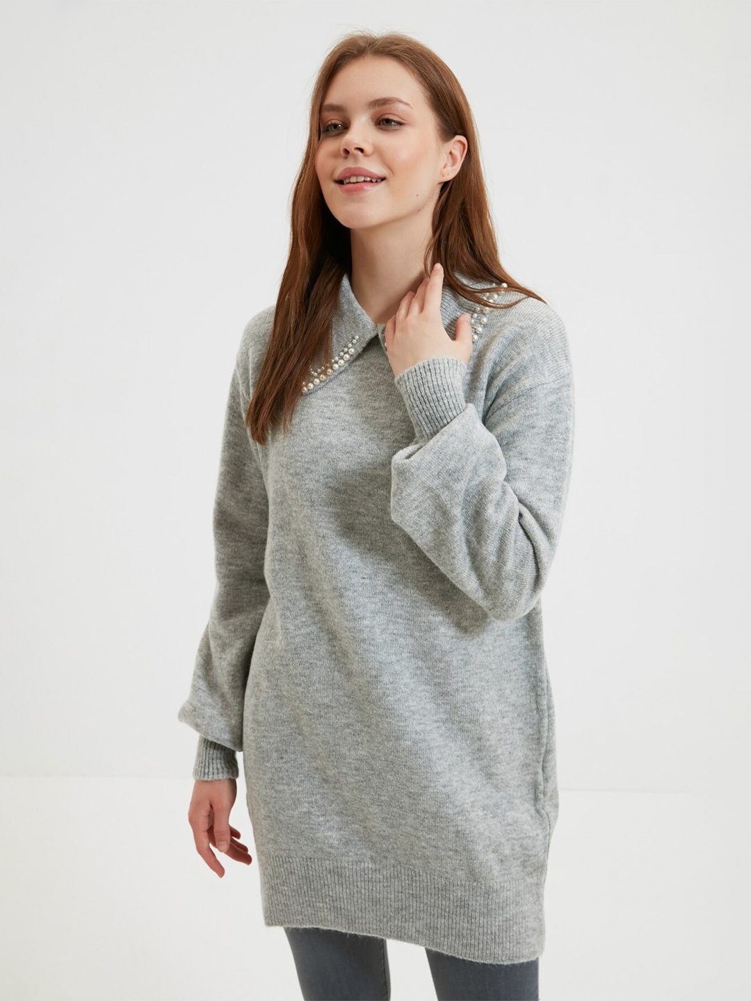 

Trendyol Lapel Collar Longline Pullover with Embellished Detail, Grey