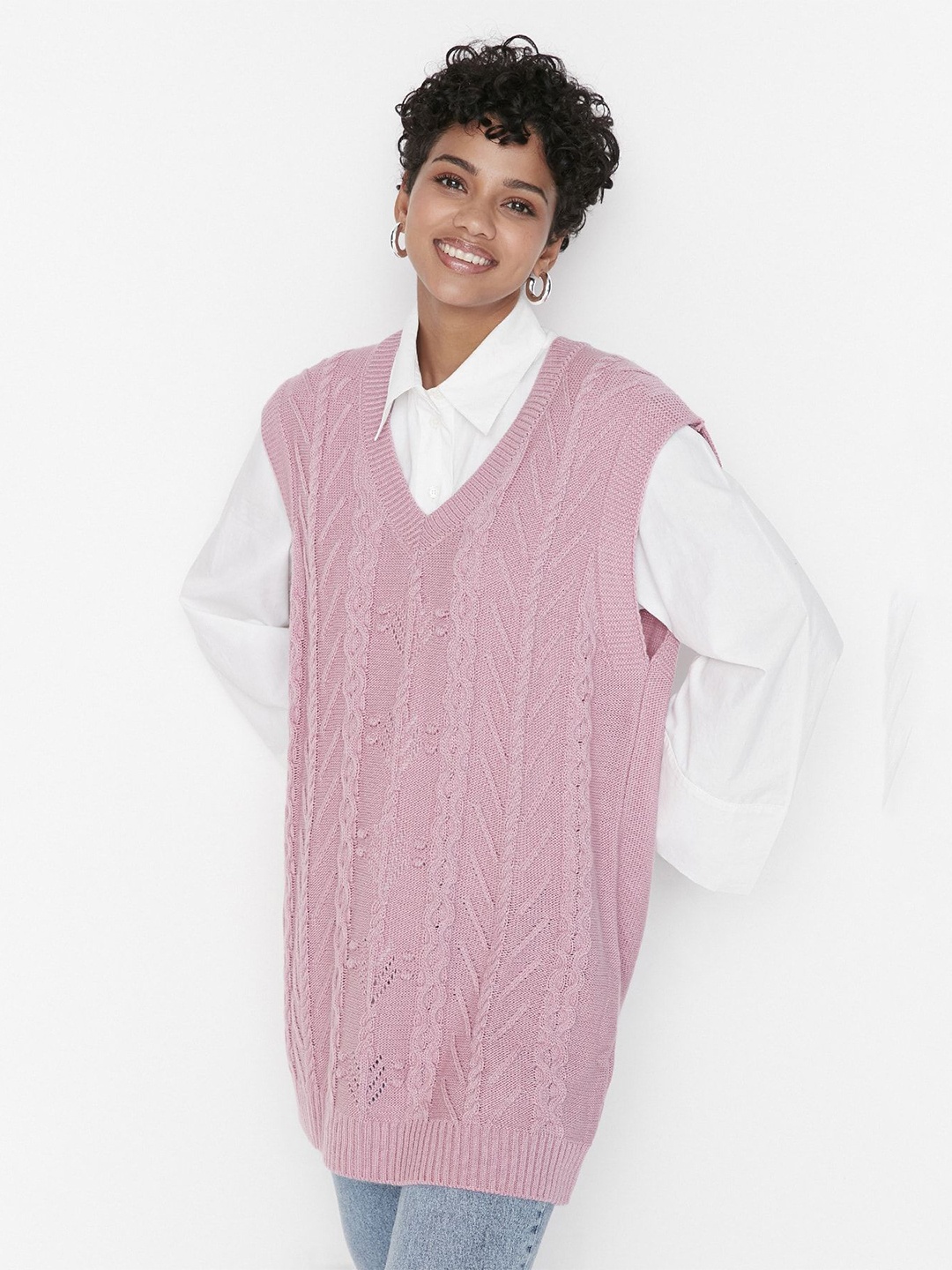 

Trendyol V-Neck Cable Knit Pullover Sweater, Pink
