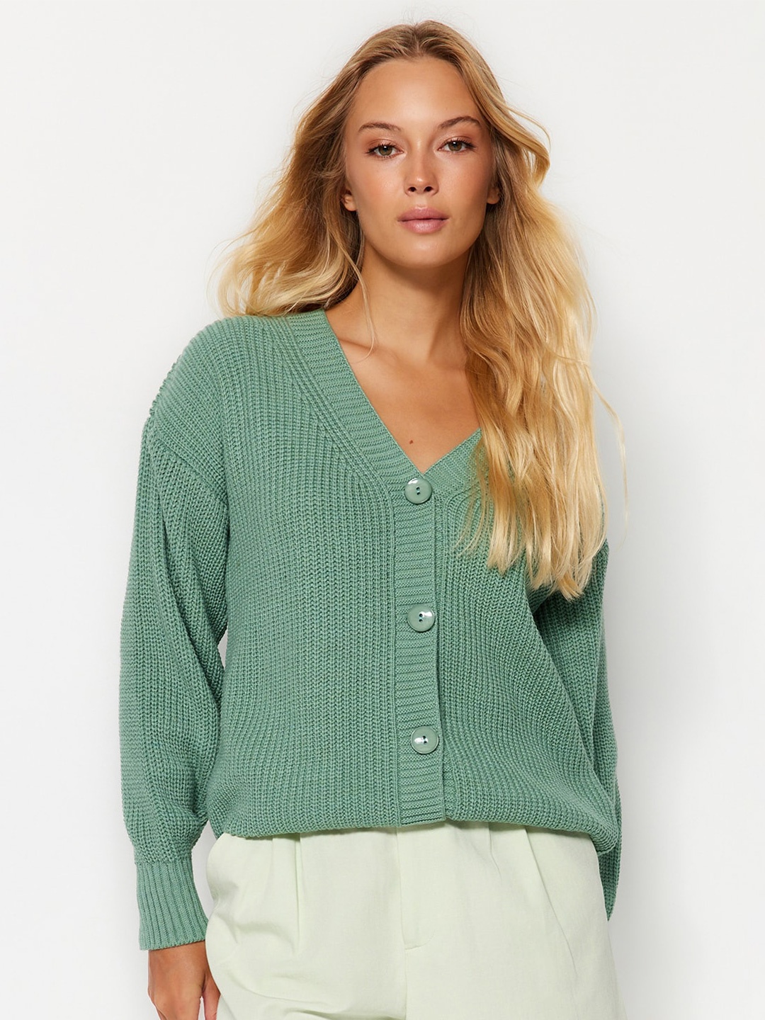 

Trendyol Ribbed Cardigan Sweater, Olive