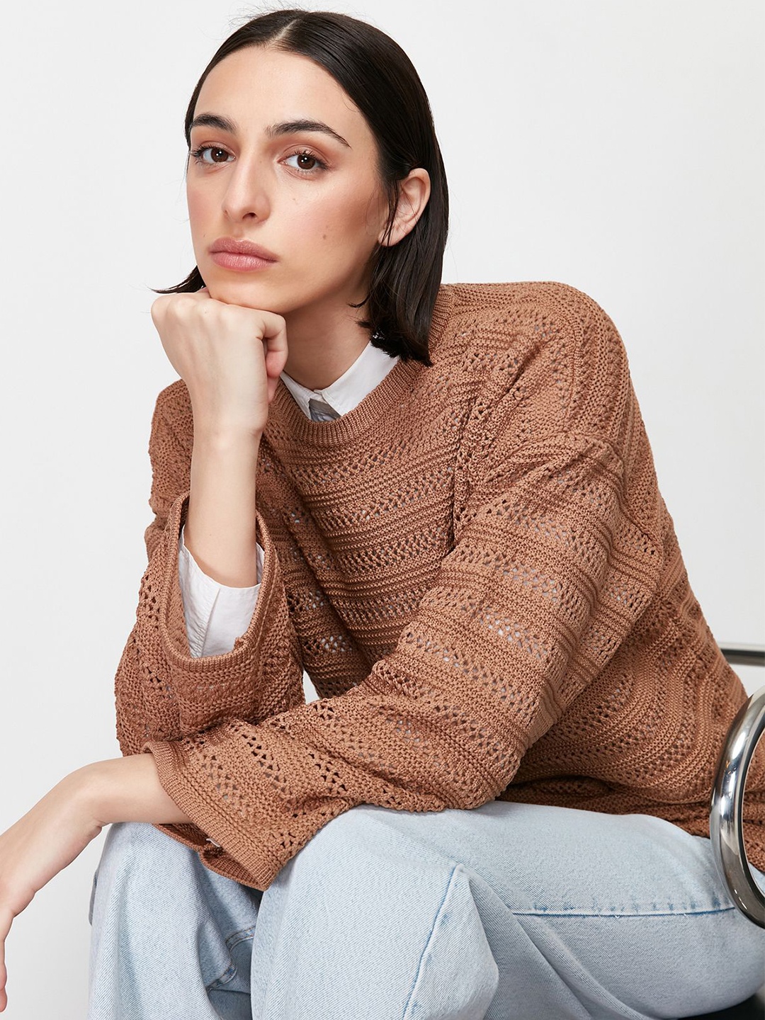 

Trendyol Self Design Pullover Sweater, Brown