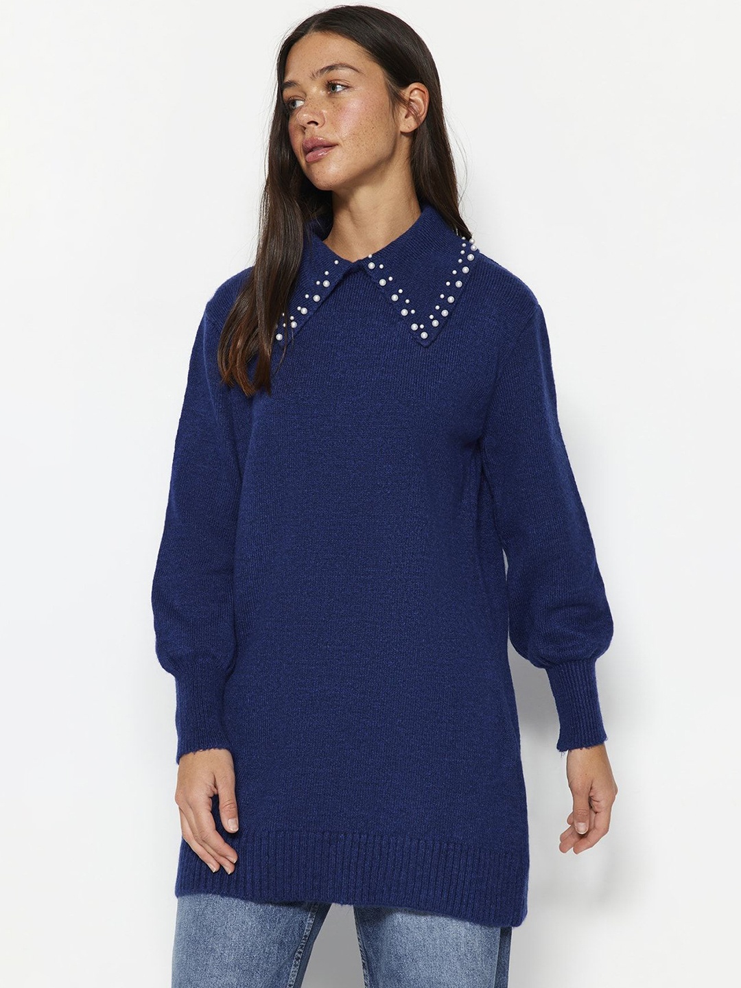 

Trendyol Embellished Longline Pullover Sweater, Blue