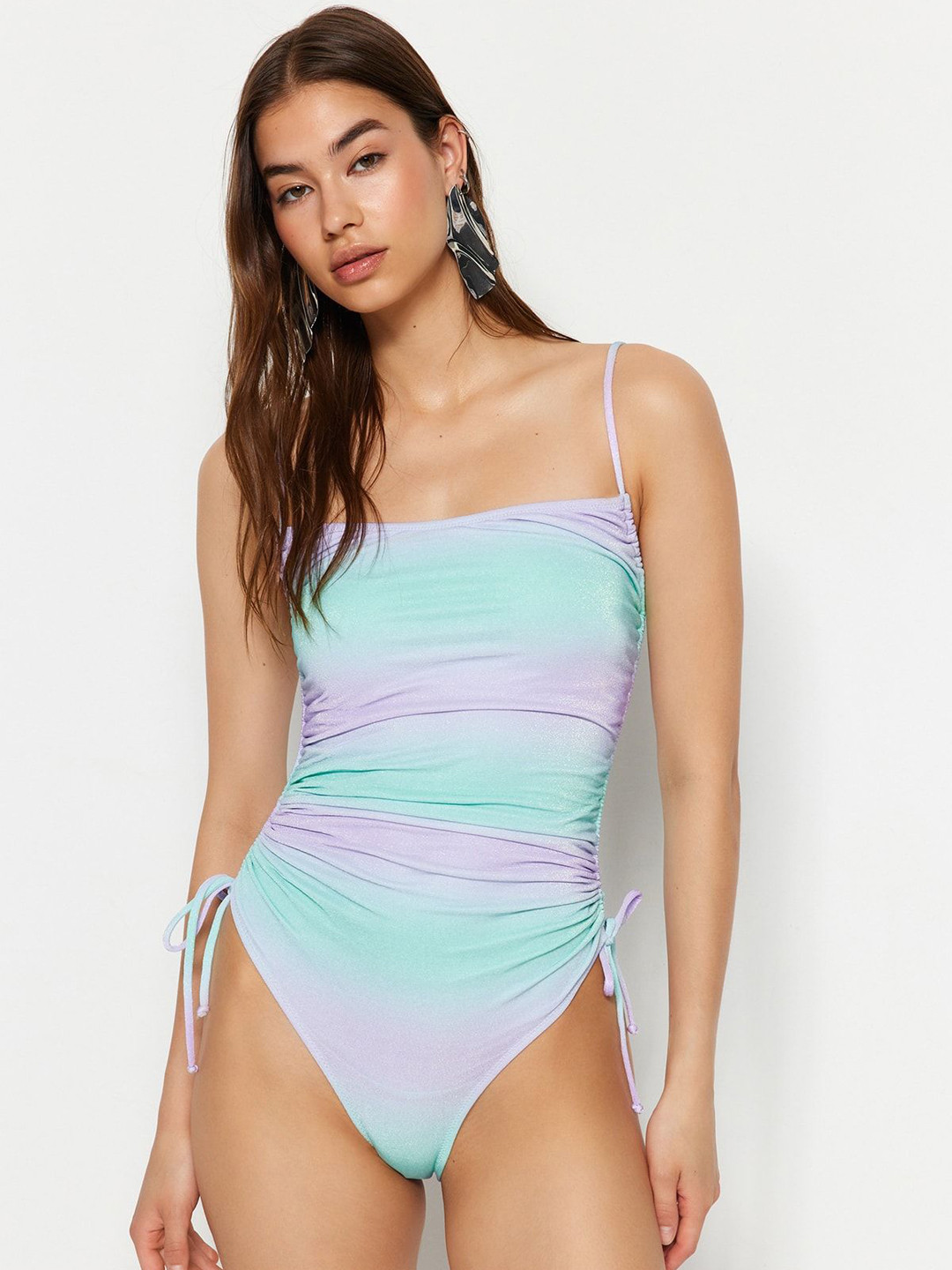 

Trendyol Tie and Dye Ruched Swim Bodysuit, Purple