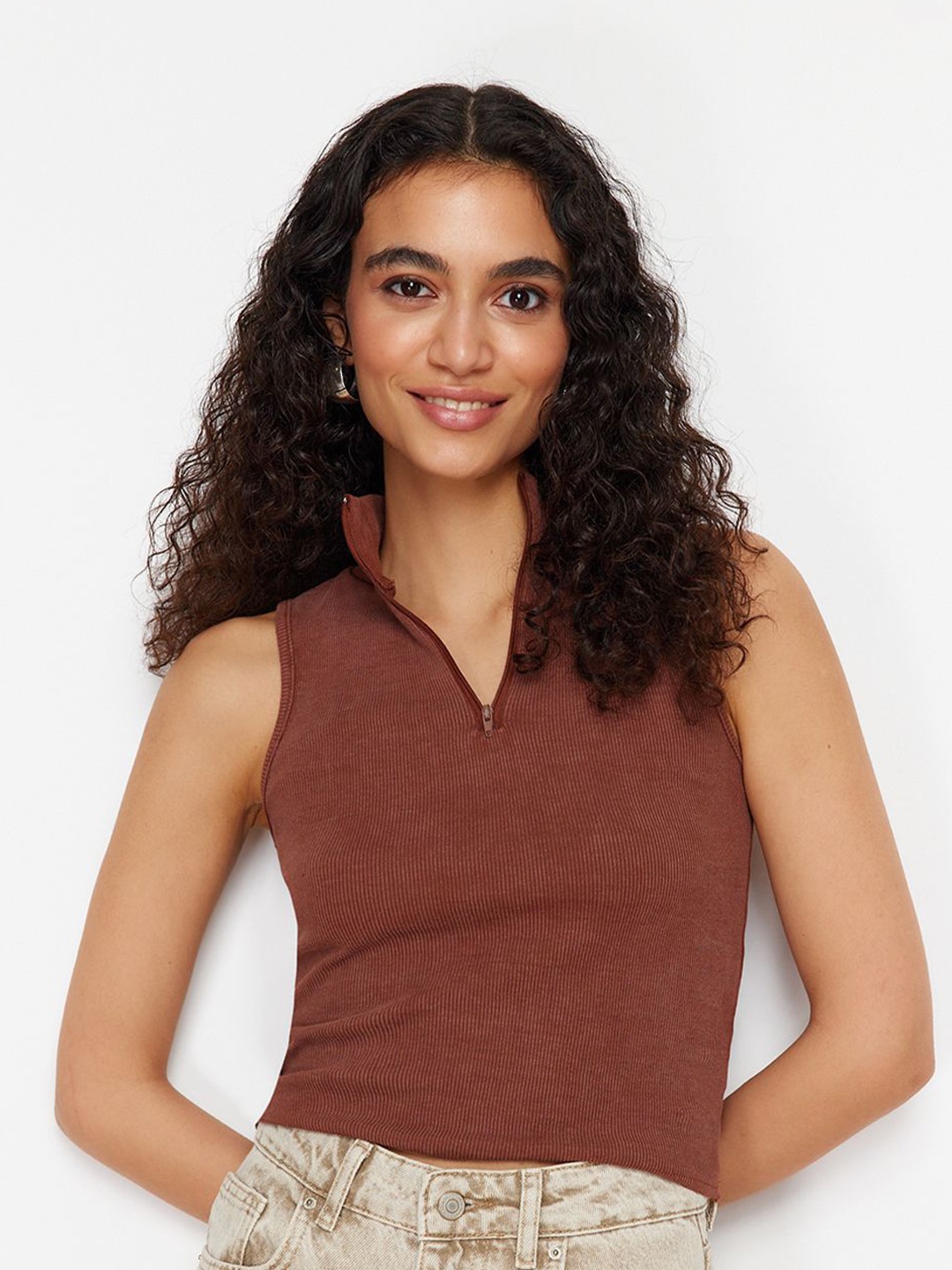 

Trendyol Cotton V-Neck Top, Brown