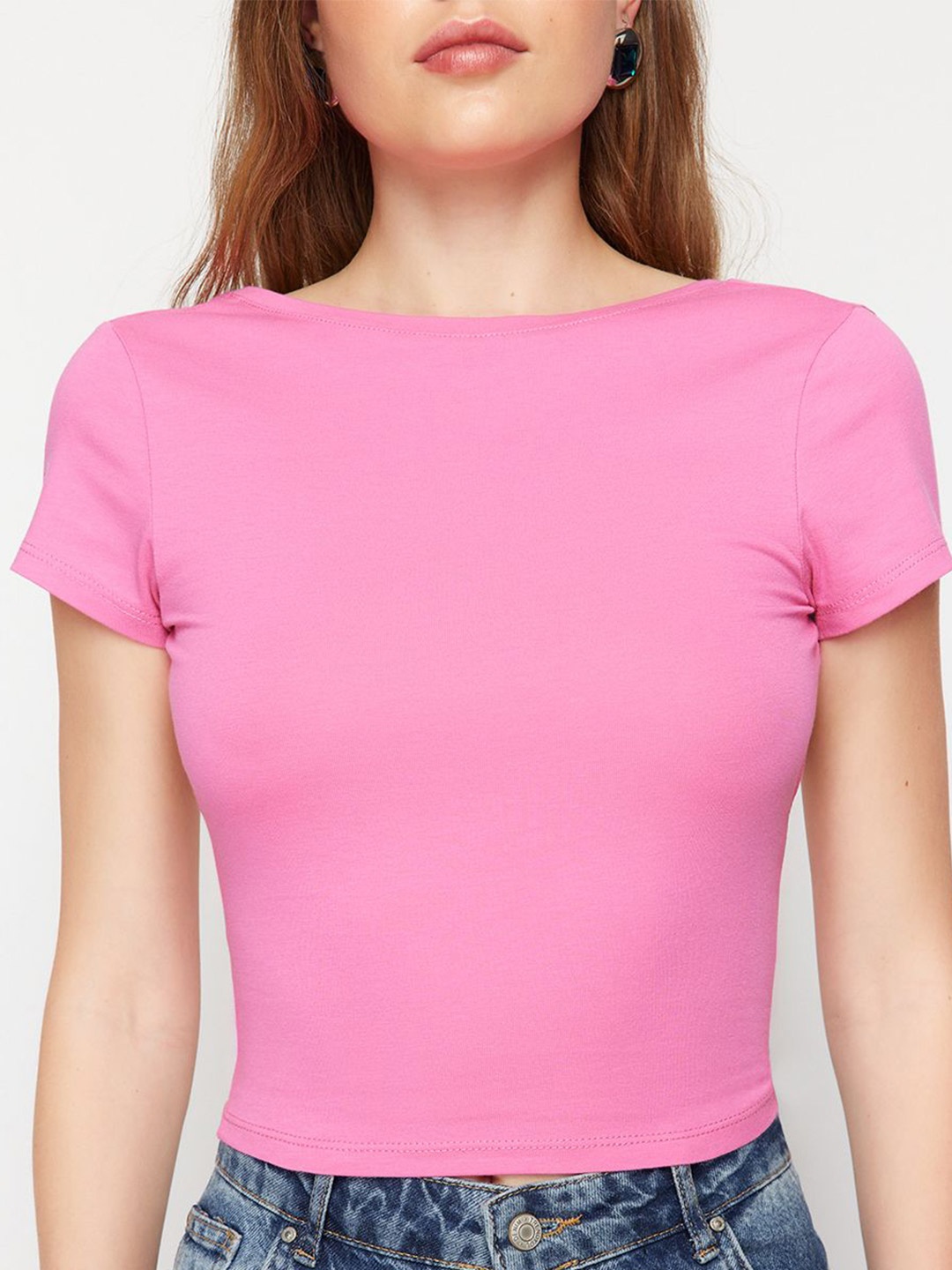 

Trendyol Women Round Neck Cotton Styled Back Top, Pink