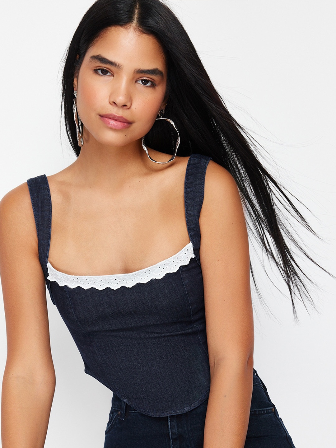 

Trendyol Shoulder Straps Denim Crop Top, Blue