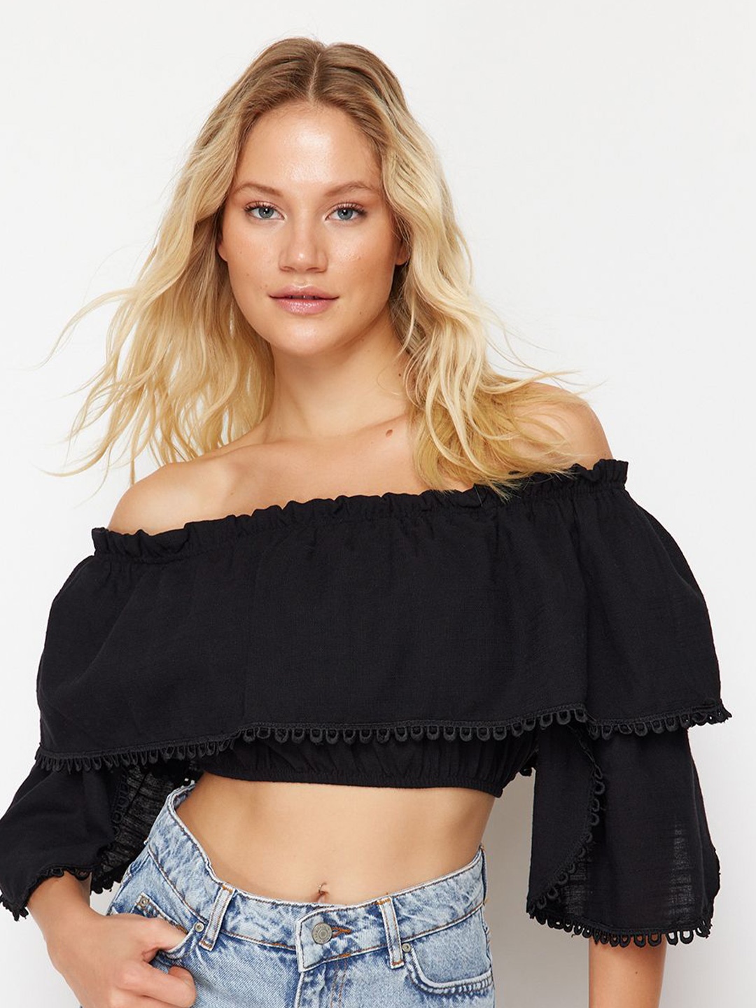 

Trendyol Women Off-Shoulder Bell Sleeve Cotton Bardot Crop Top, Black