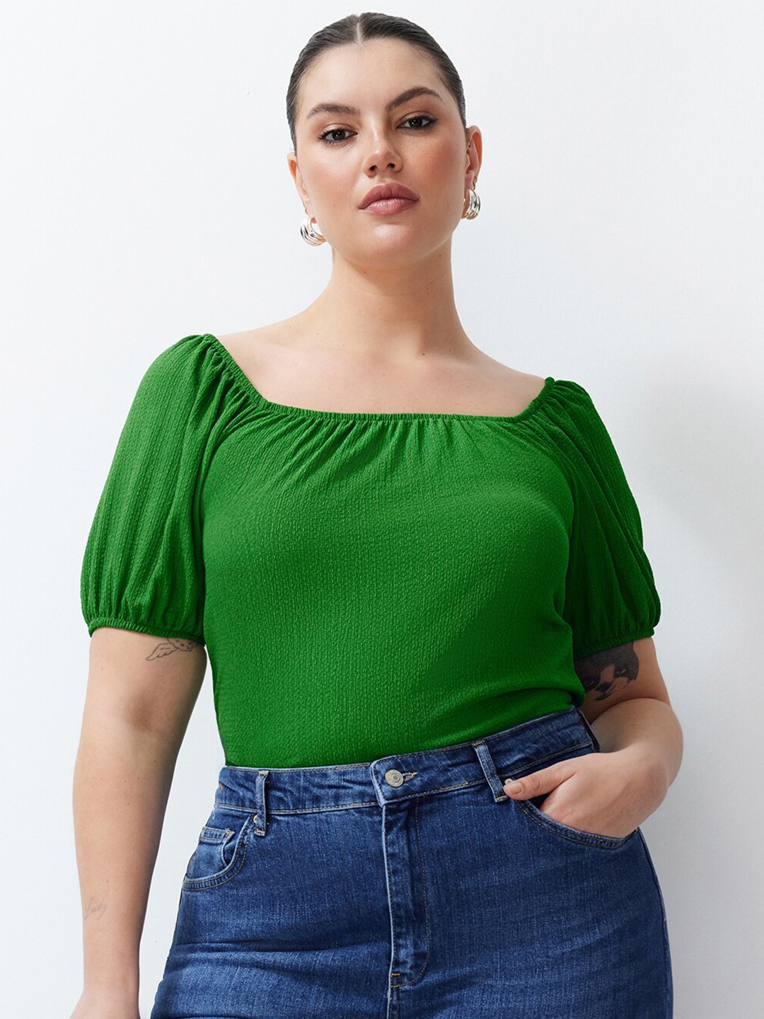 

Trendyol Women Square Neck Puff Sleeve Top, Green