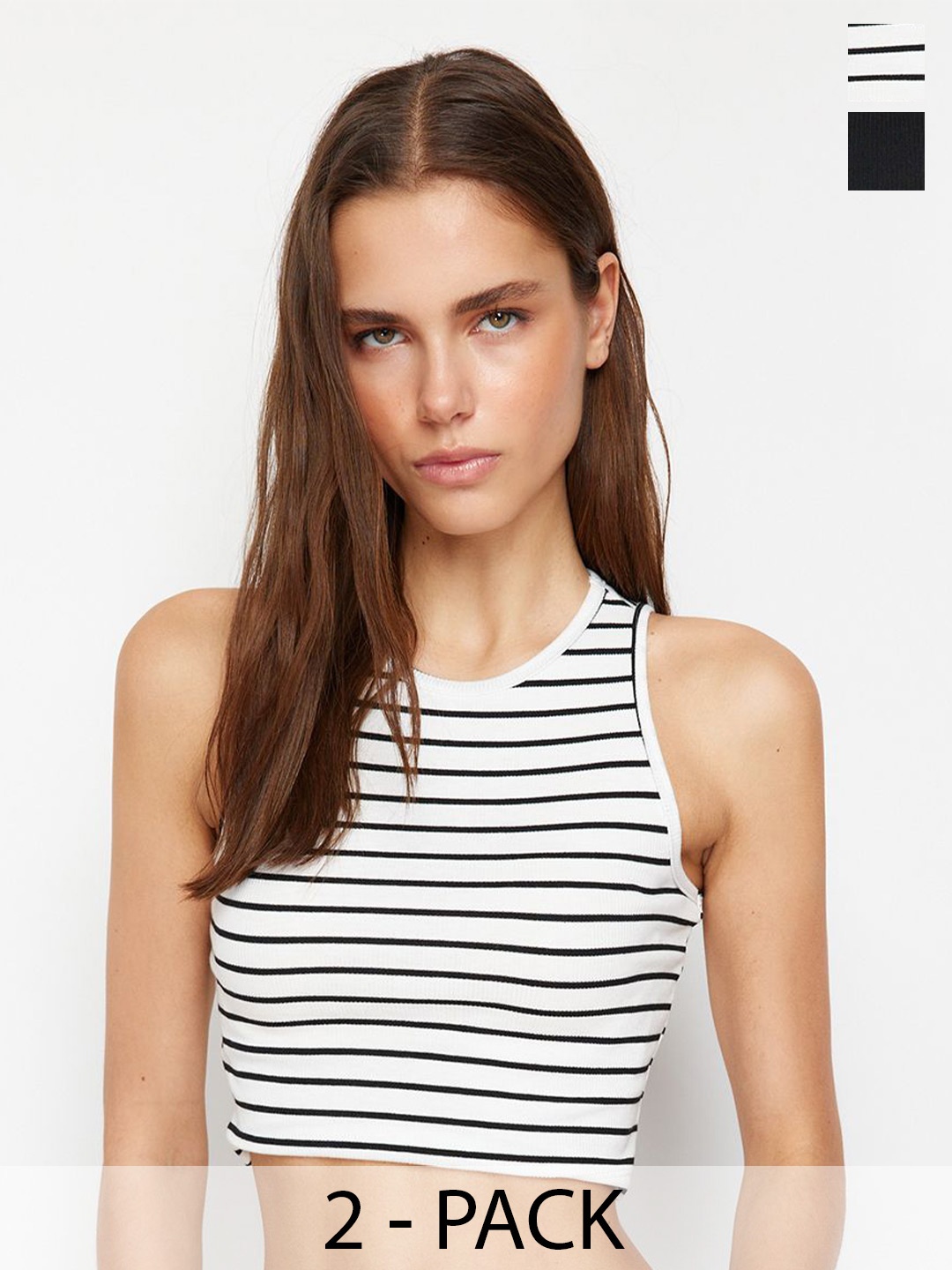 

Trendyol Pack of 2 Striped Round Neck Crop Top, White