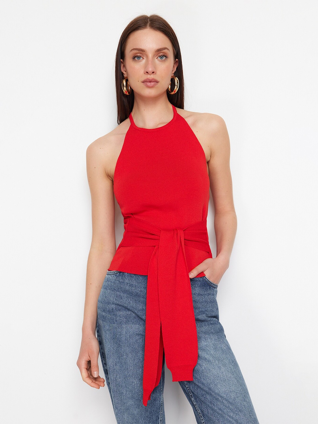 

Trendyol Women Halter Neck Cinched Waist Top, Red