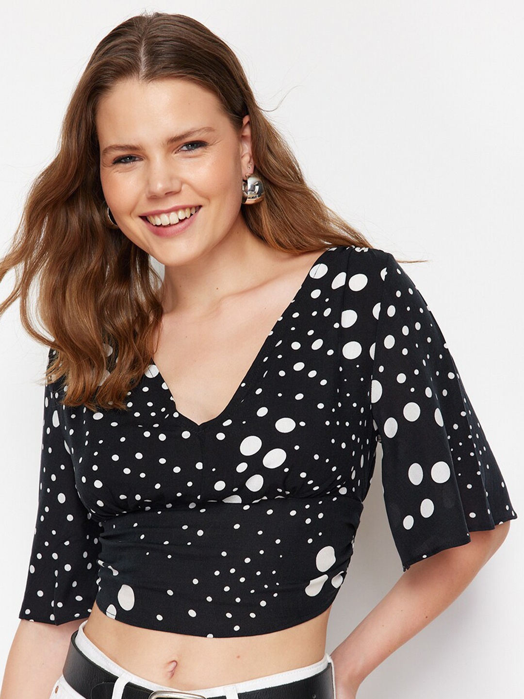 

Trendyol Polka Dot Print Flared Sleeve Blouson Top, Black