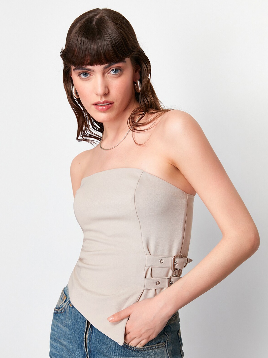 

Trendyol Women Tube Crop Top, Grey melange