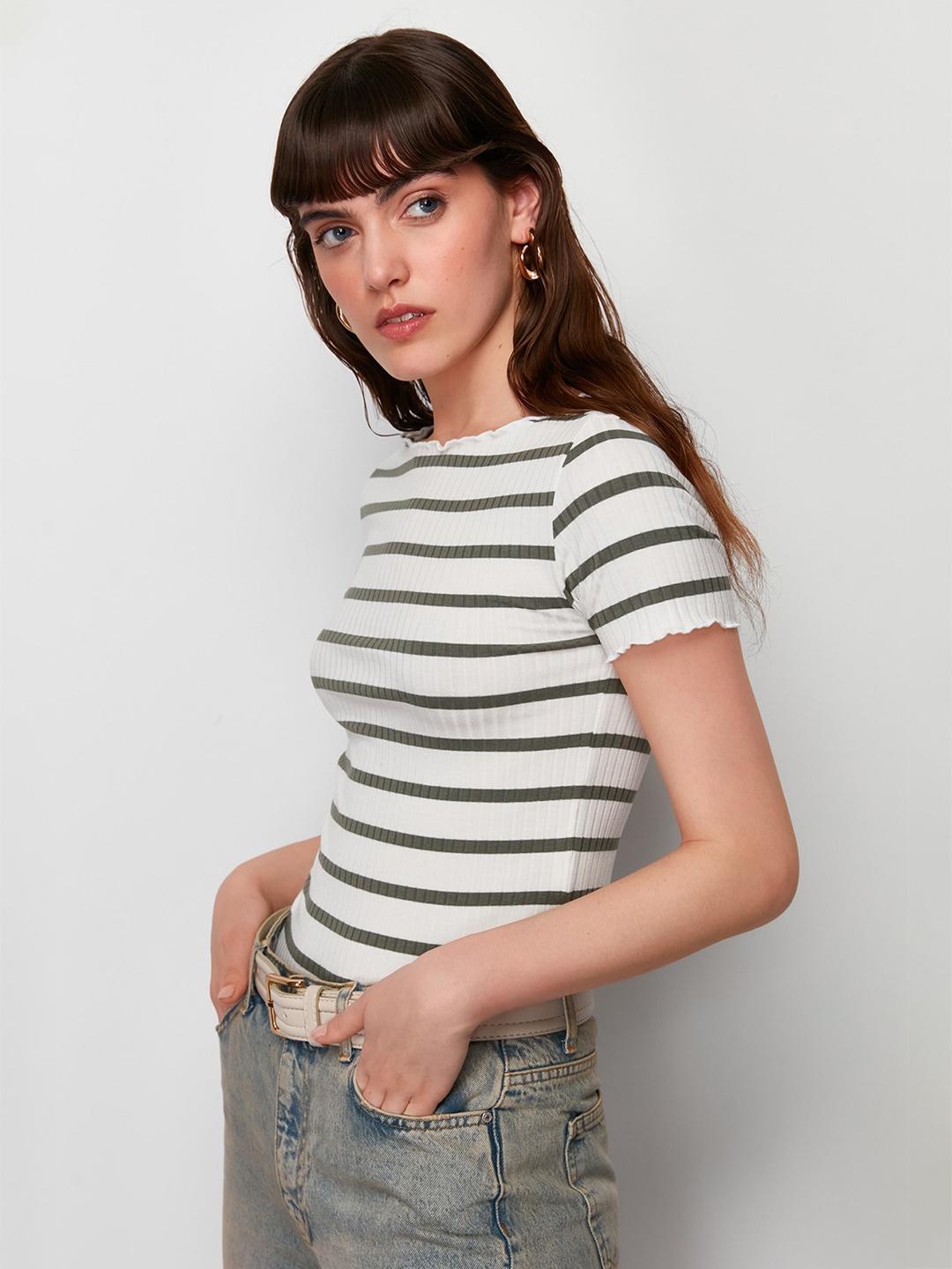 

Trendyol Women Round Neck Striped Top, White