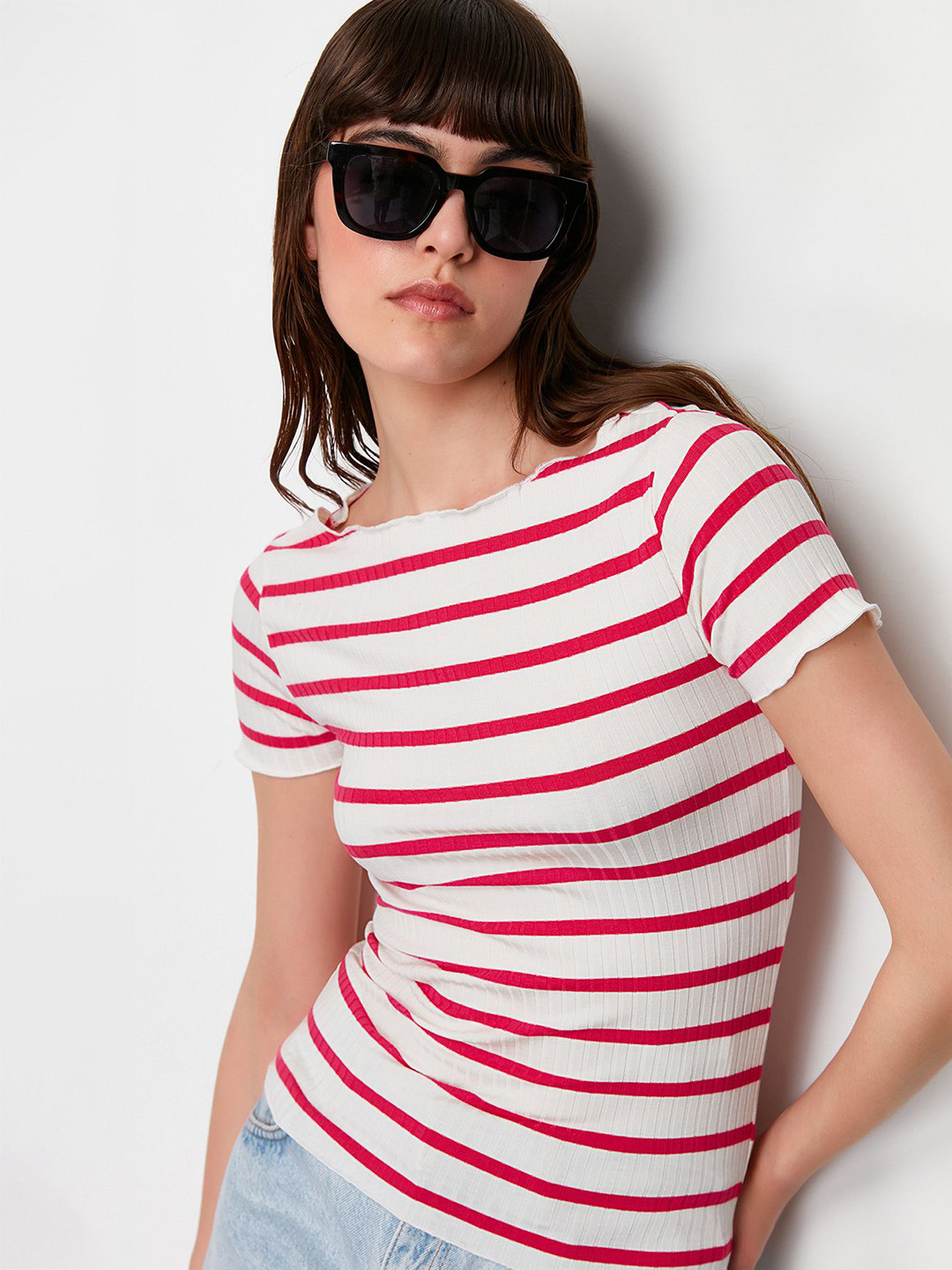 

Trendyol Women Round Neck Striped Top, White