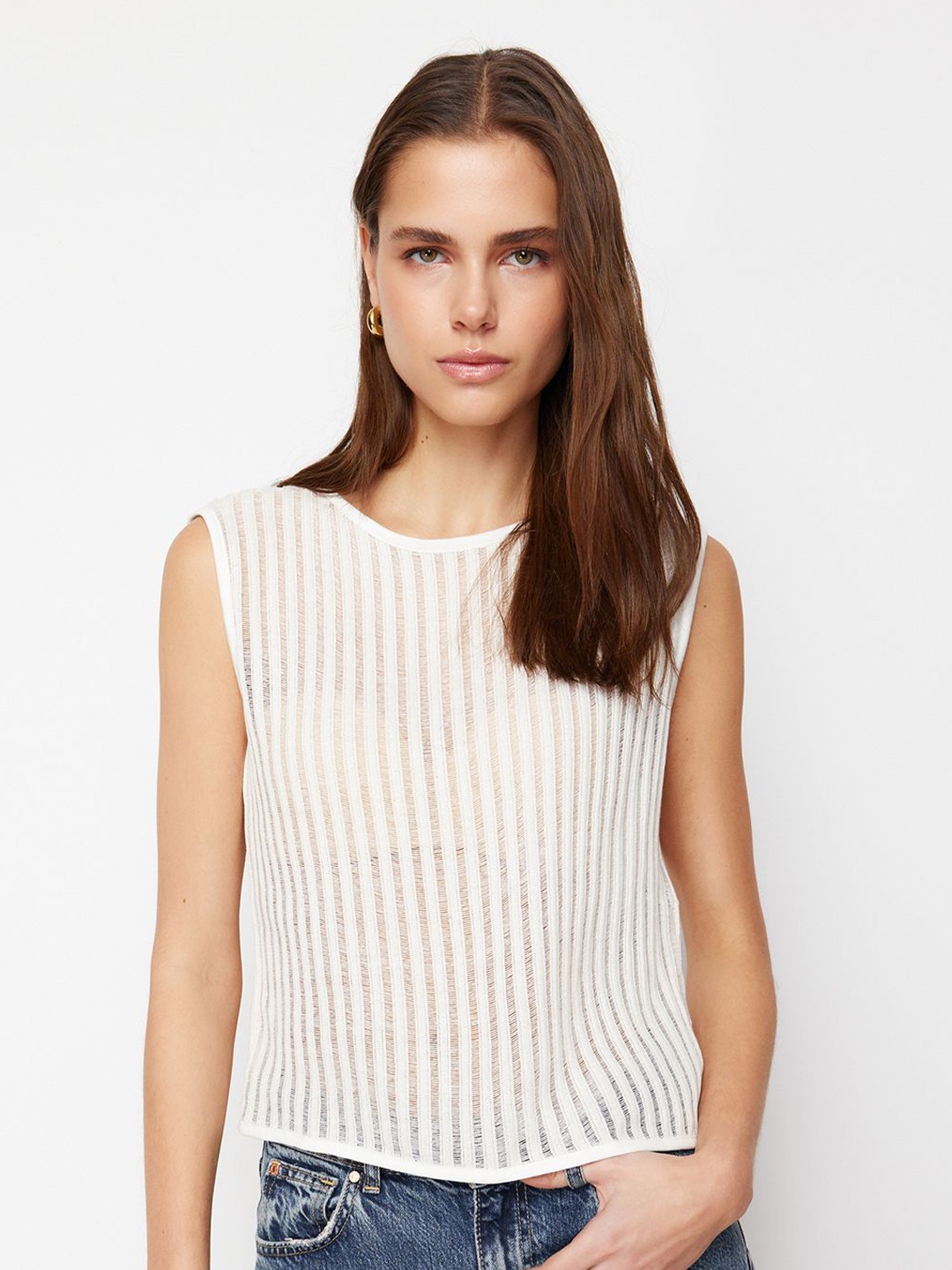 

Trendyol Women Striped Cotton Top, Off white