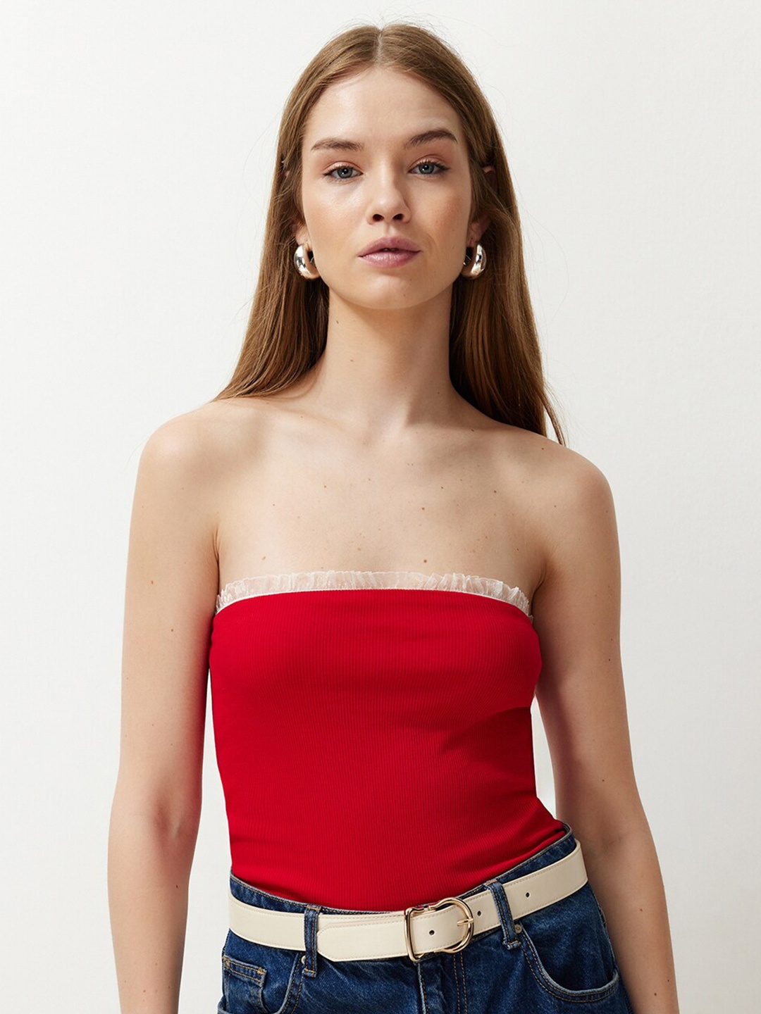 

Trendyol Women Cotton Tube Crop Top, Red