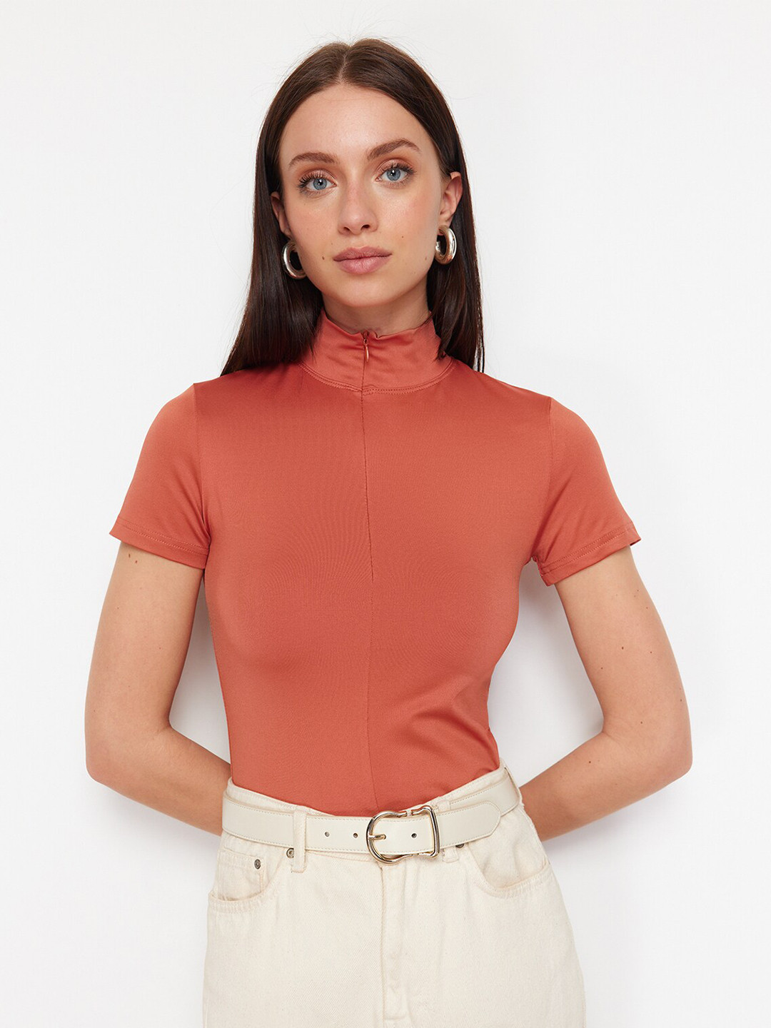 

Trendyol High Neck Short Sleeves Fitted Top, Brown