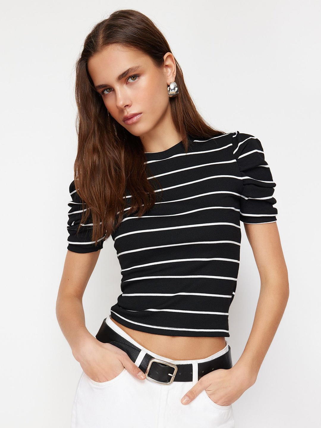 

Trendyol Women Striped Round Neck Crop Top, Black